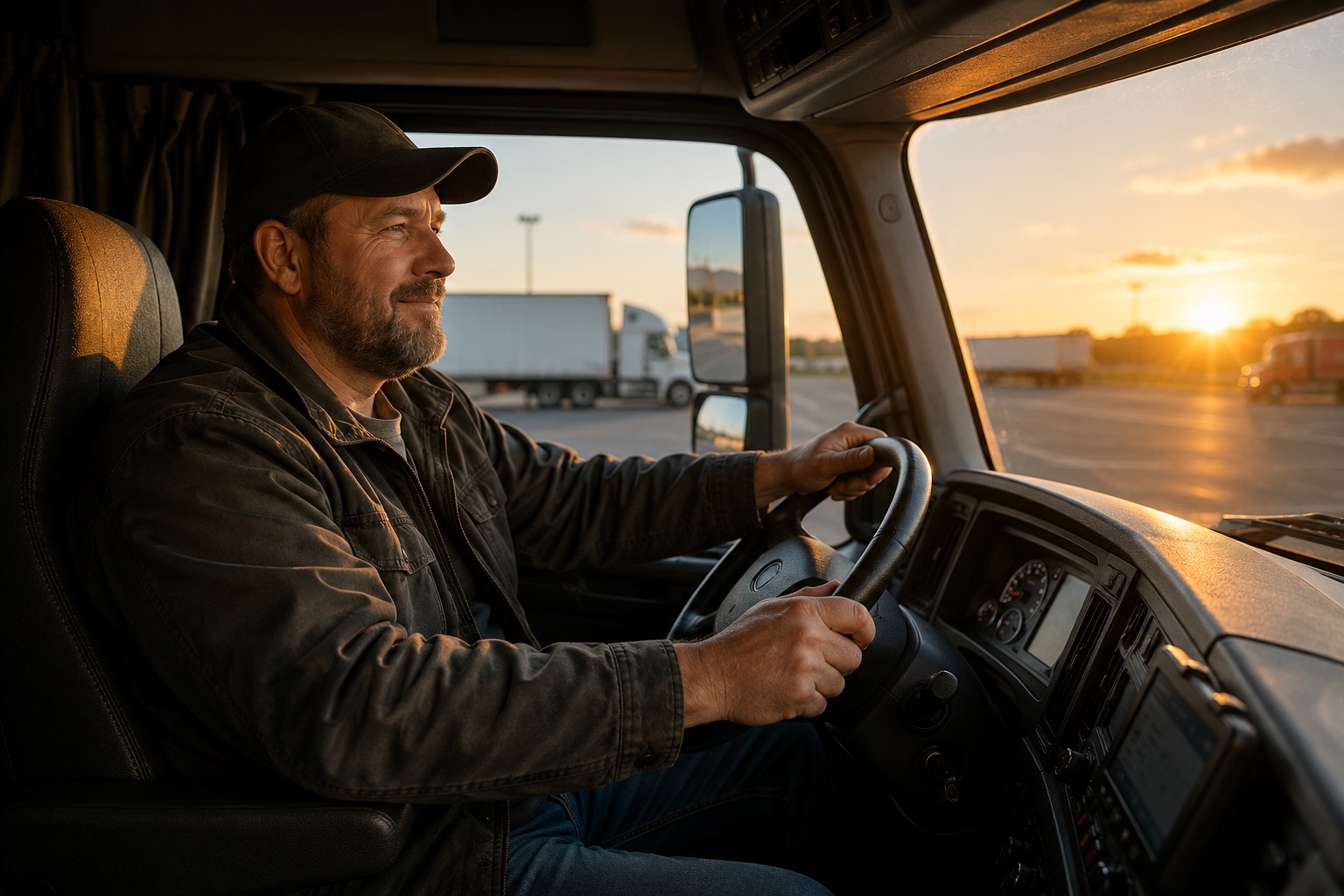 Professional truck driver in the cab of a parked semi at golden hour