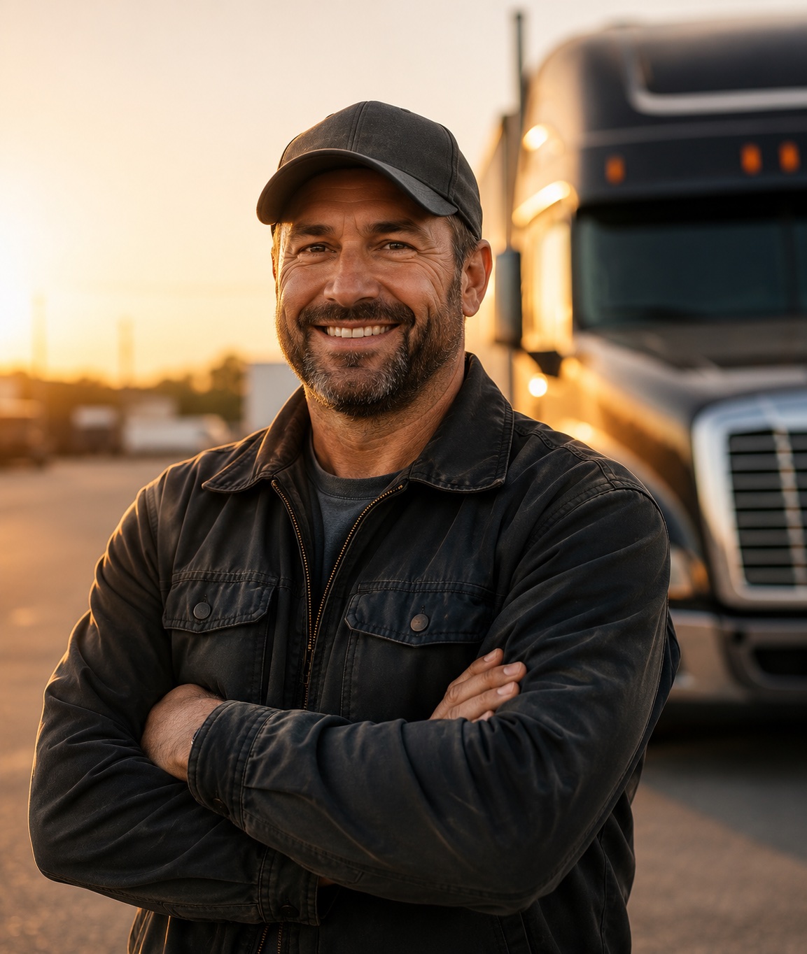 Professional truck driver smiling in front of a semi-truck