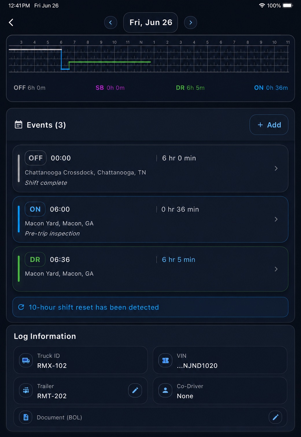 RoadMax driver app — daily hours-of-service log grid and events