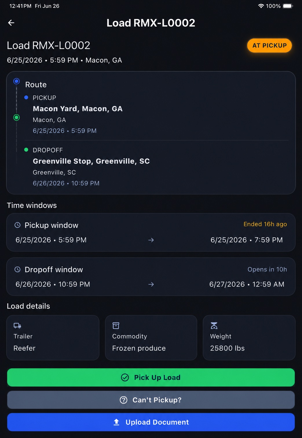 RoadMax driver app — load assignment with route, pickup, and dropoff details