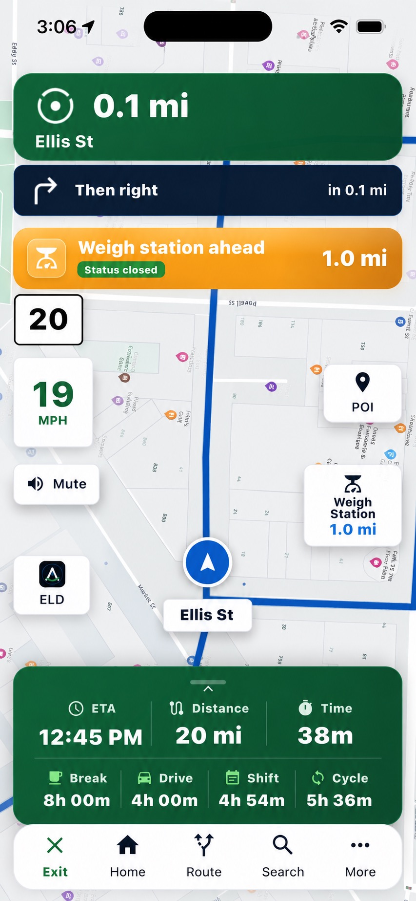 RoadMax driver app — turn-by-turn truck navigation with weigh-station alerts and live HOS